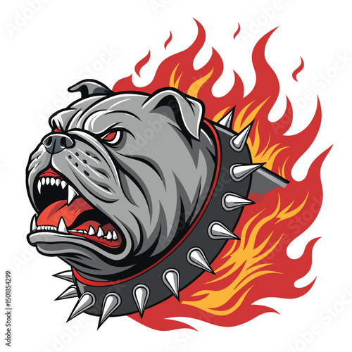 A fierce bulldog, growling intensely, wears a studded collar; flames erupt behind it, creating a dramatic, fiery backdrop.
