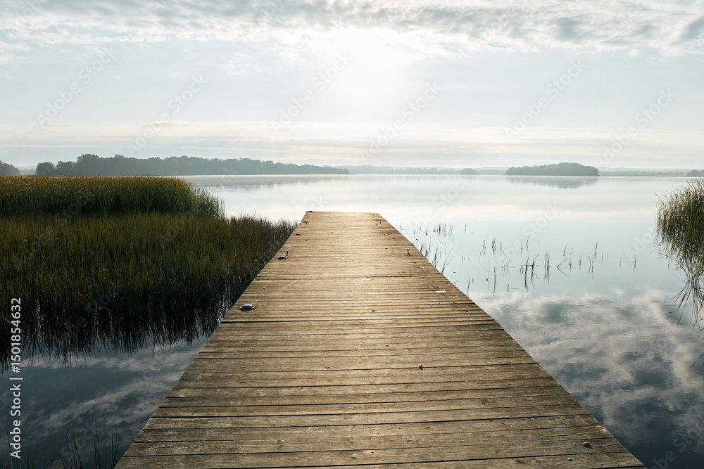 Fototapeta premium Early morning light illuminates a serene lake with a wooden pier stretching towards the horizon. Lush grasses border the water, contributing to the peaceful atmosphere