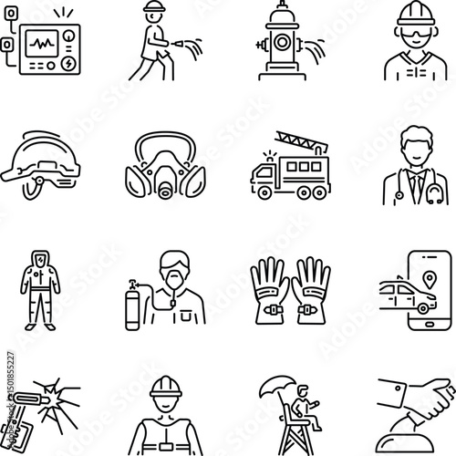 Set of Safety Equipment Outline Style Icons 