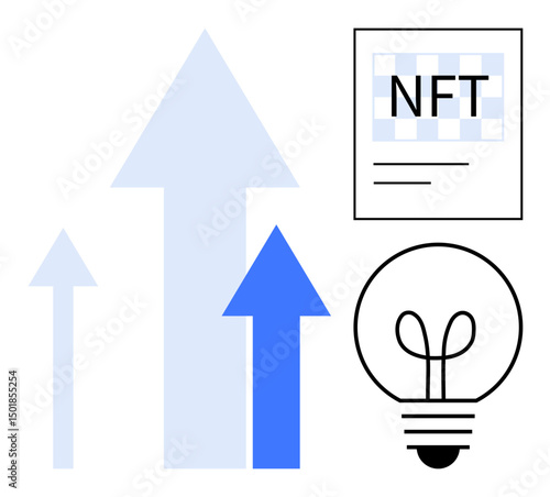 Rising arrows symbolize growth, paired with NFT certificate and lightbulb for creativity and innovation. Ideal for finance, technology, blockchain, digital art, entrepreneurship, analytics, flat