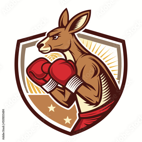 Design a varsity-style badge featuring a boxing kangaroo, incorporating retro design elements and strong color contrast.  Include boxing gloves and a dynamic pose.