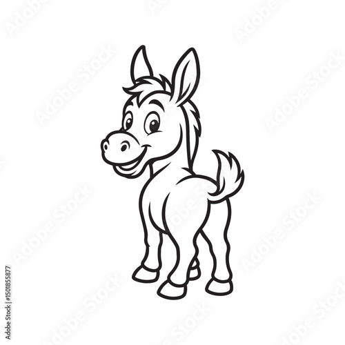  a bold black and white vector illustration of a donkey looking back on white background