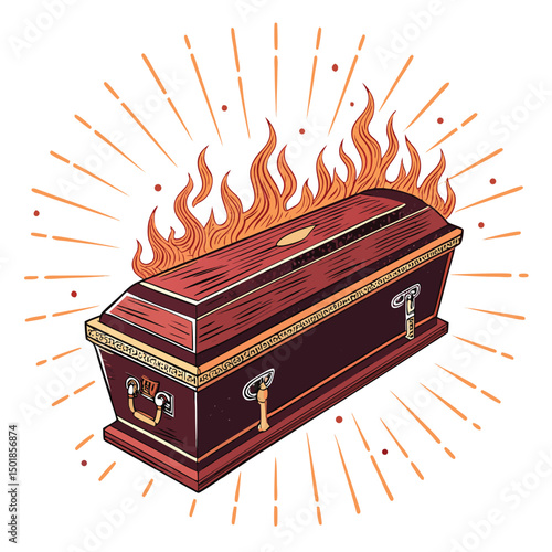 A flaming sarcophagus, emanating vibrant energy lines, encased within an ornate, aged frame.  Render in high detail.
