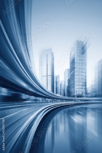 Abstract motion blur of city skyline with skyscrapers and light trails in blue tone, futuristic urban landscape