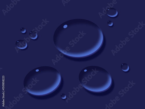 Realistic clear water droplets various sizes dark blue textured background dew