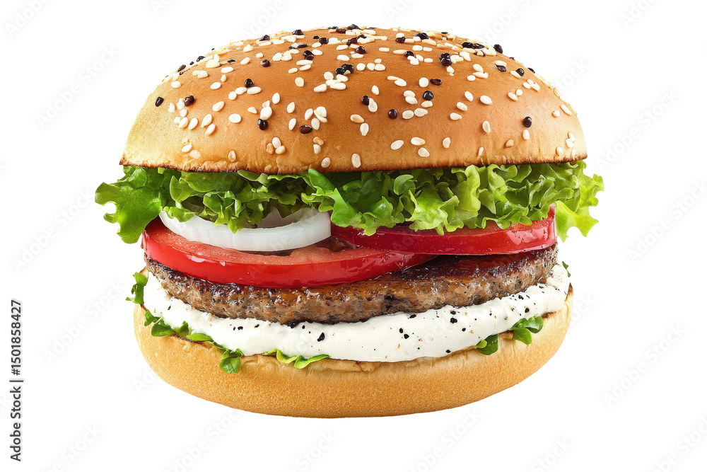 Burger Bliss A juicy burger against a stark white background Burger Bliss A juicy burger against a stark white background