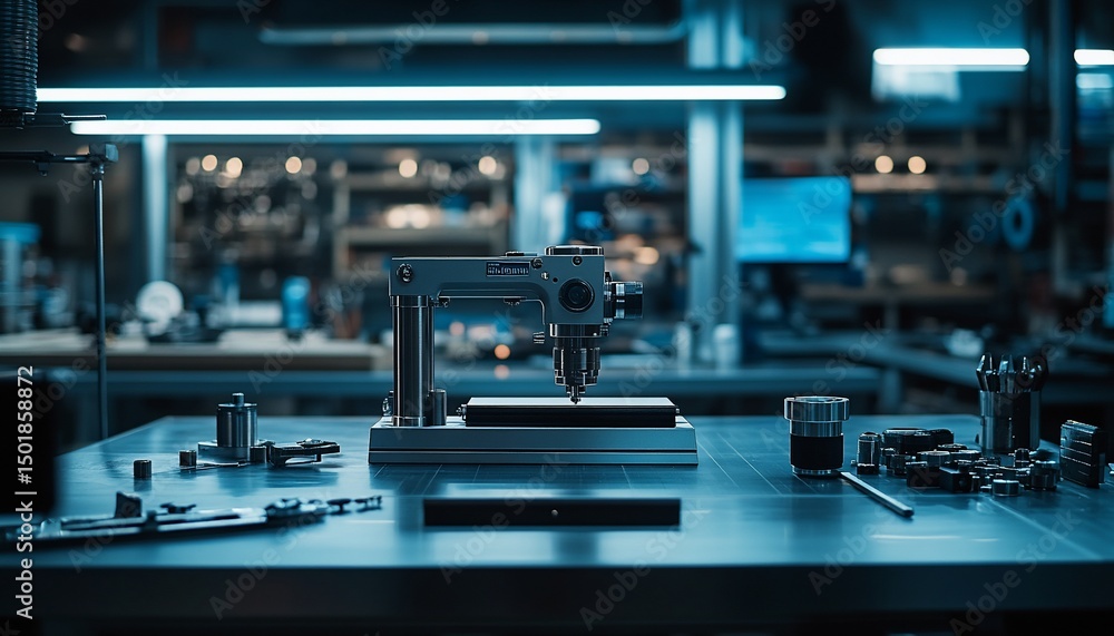 Precision Engineering: Industrial Setup with Drilling Machine and Tools on Workbench Precision Engineering: Industrial Setup with Drilling Machine and Tools on Workbench