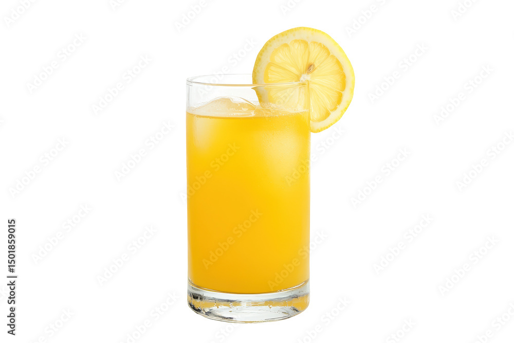 Citrus Zing A tall glass of vibrant orange juice garnished with a lemon slice on white background Citrus Zing A tall glass of vibrant orange juice garnished with a lemon slice on white background