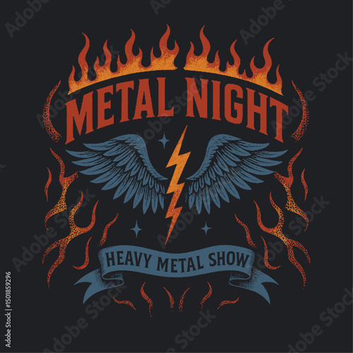 Metal night Rock and roll t-shirt design. wings and fair text make a vintage retro graphics. Long live Rock and roll vintage graphic design. cowboy is rock n roll , forever rockin music vibes print.