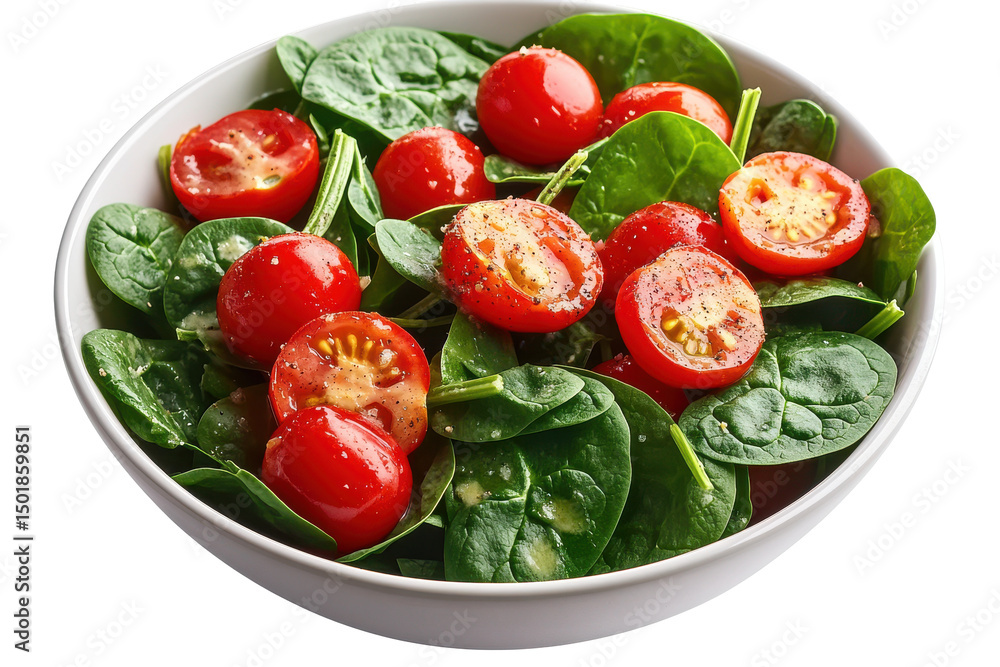 Cherry tomato spinach salad sparkles in a white bowl against a white background Cherry tomato spinach salad sparkles in a white bowl against a white background