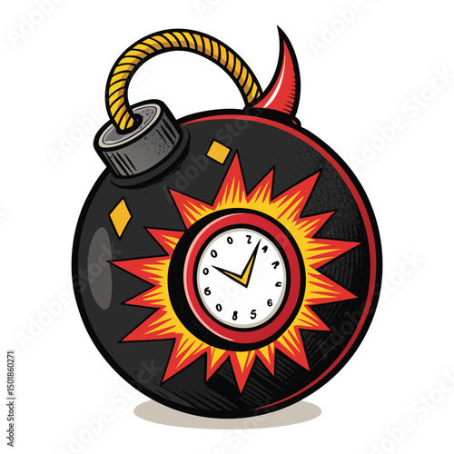 Cartoon bomb with devil horns, lit fuse, and a ticking clock timer inside, mischievous expression.