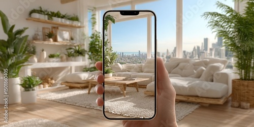 Person Using Augmented Reality to View 3D Furniture in Modern Bright Room