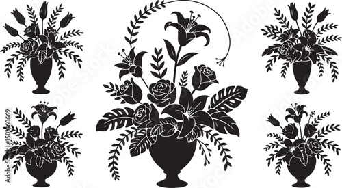 Elegant floral bouquet silhouettes in classic vases, vector black and white flower arrangement set for decorative and vintage themes