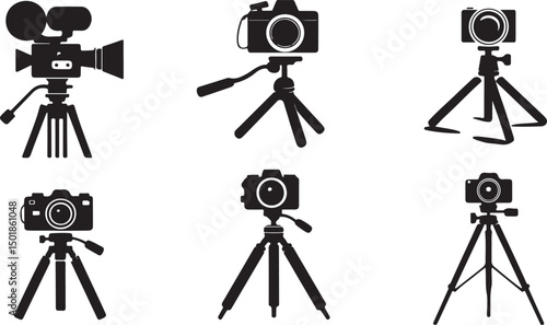 Vector icon set of vintage and modern cameras on tripods, including DSLR, film, and video camera silhouettes for photography and filmmaking themes