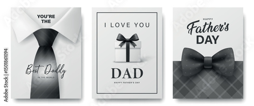 Vector Fathers Day Card Set with Shirt and Tie, Gift Box with Bow, Plaid Background. Happy Daddy Typography, Black and White Greeting Design for Dad. Modern Vector Holiday Illustration
