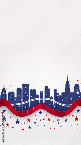 Skyline illustration banner of New York city with USA flag colors with copy space for text. 4th of July, Independence Day concept