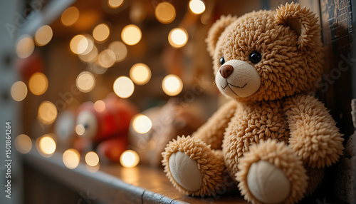 Wallpaper Mural Soft teddy bear sitting on a shelf surrounded by warm lights and other plush toys in a cozy environment Torontodigital.ca