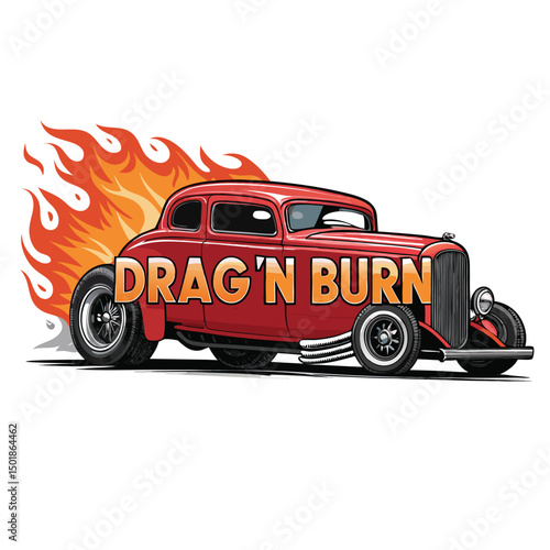 A classic hot rod, vibrant tire flames, intense drag racing action, detailed engine, chrome, vintage aesthetic.