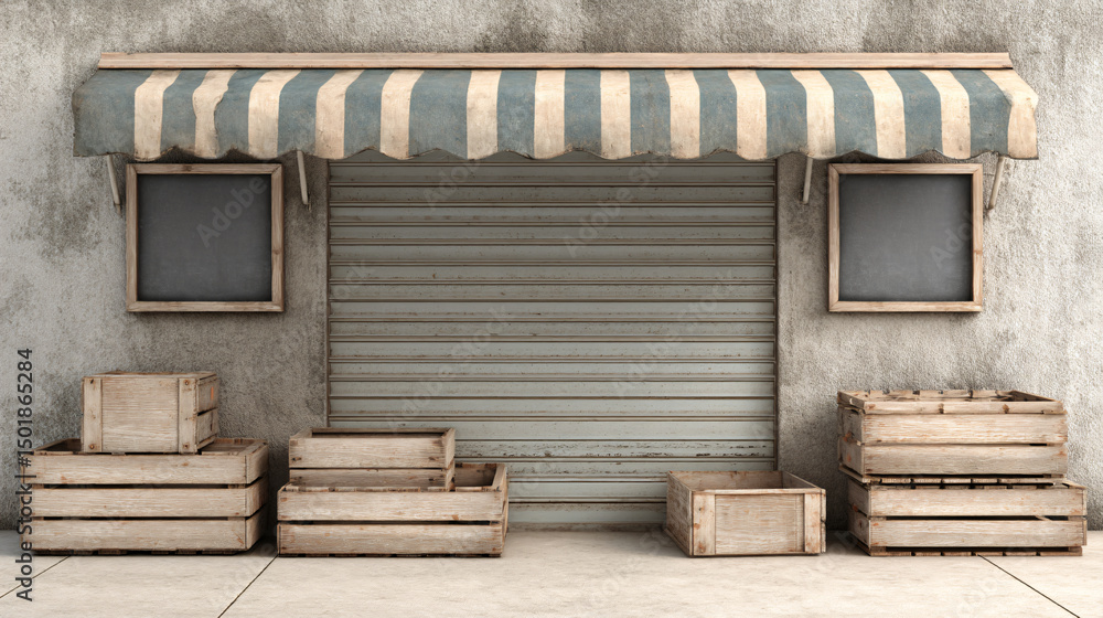 Naklejka premium Closed food market stand with empty crates highlighting access issues