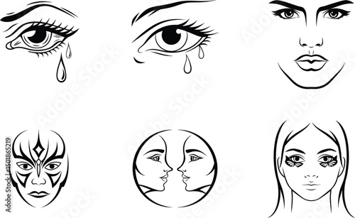 Set of line art illustrations featuring womens faces and eyes with tears