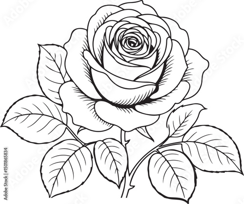 Black and white line art illustration of a single blooming rose with detailed leaves in hand-drawn style, ideal for coloring pages, botanical tattoo designs, and elegant floral artwork