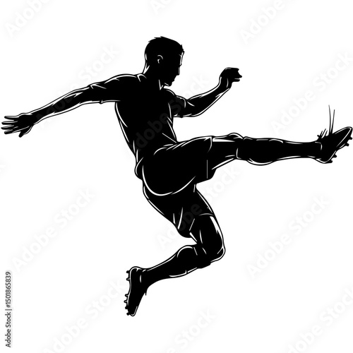 Silhouette of a male soccer player kicking a ball mid-action, captured in dynamic motion with one leg extended, symbolizing energy, sport, and athleticism.