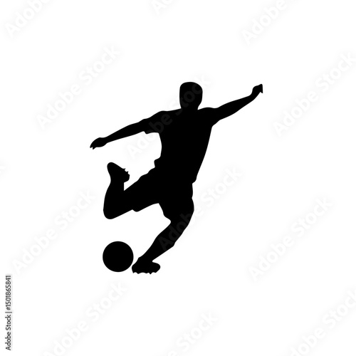 Silhouette of a male soccer player kicking a ball mid-action, captured in dynamic motion with one leg extended, symbolizing energy, sport, and athleticism.