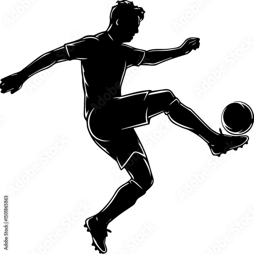 Silhouette of a male soccer player kicking a ball mid-action, captured in dynamic motion with one leg extended, symbolizing energy, sport, and athleticism.