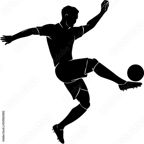 Silhouette of a male soccer player kicking a ball mid-action, captured in dynamic motion with one leg extended, symbolizing energy, sport, and athleticism.