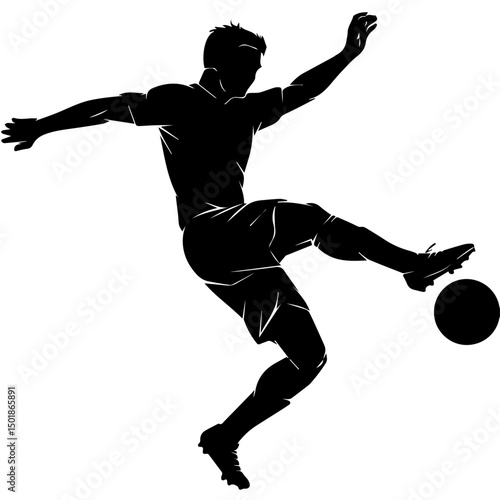 Silhouette of a male soccer player kicking a ball mid-action, captured in dynamic motion with one leg extended, symbolizing energy, sport, and athleticism.