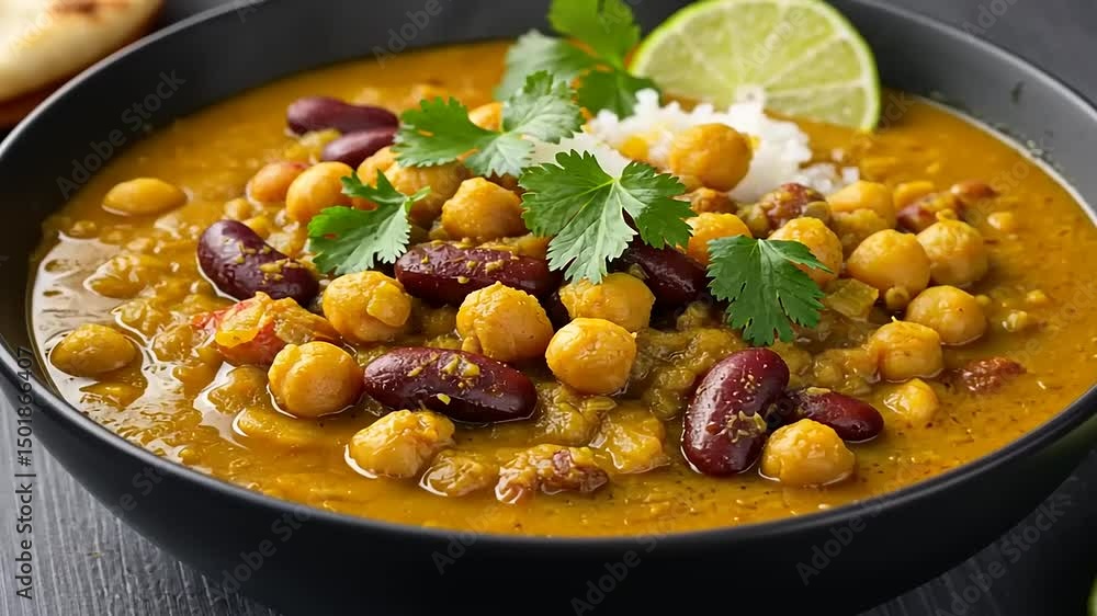 A vibrant bowl of chickpea and kidney bean curry garnished with fresh cilantro and lime A vibrant bowl of chickpea and kidney bean curry garnished with fresh cilantro and lime