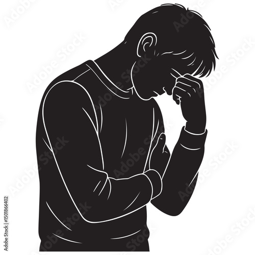 Illustration of a sad man feeling stressed and depressed with a headache in black and white outline silhouette