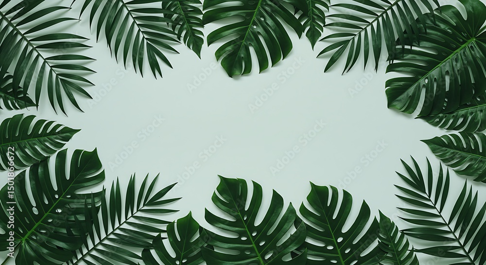 Background with dark green tropical leaves, fresh flat background. Flat lay. Nature concept Background with dark green tropical leaves, fresh flat background. Flat lay. Nature concept