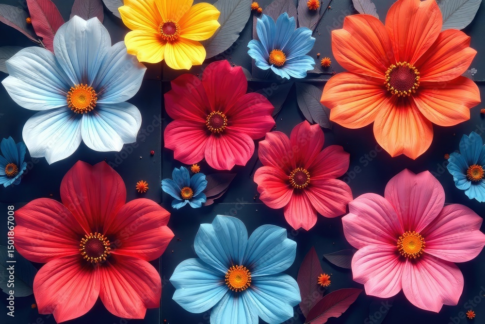 Bold, stylized blossoms arranged in a square lattice , square, contemporary, illustration