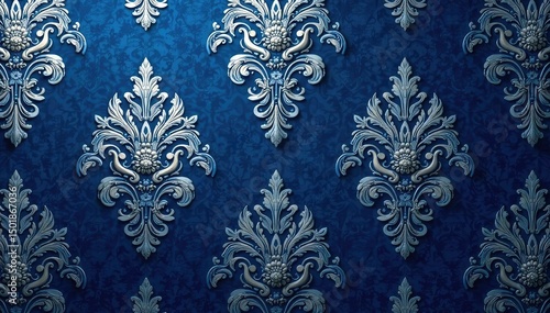 Bold, swirling damask pattern, deep navy blue and silver , damask, classic, repeat