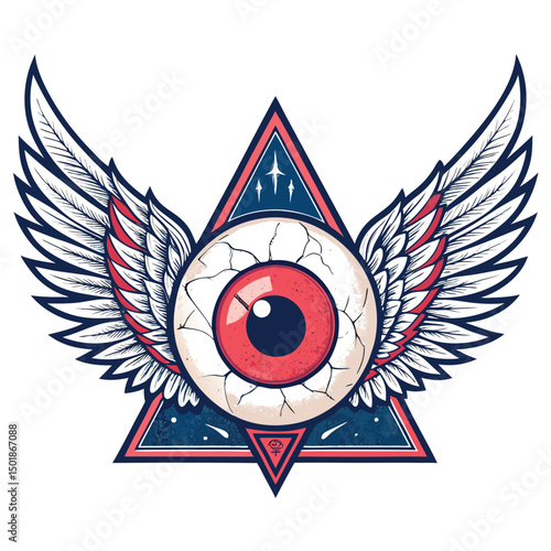 Surreal digital painting of a cracked open eyeball with feathered wings, a menacing triangular symbol embedded within.  High detail, dark fantasy art style.