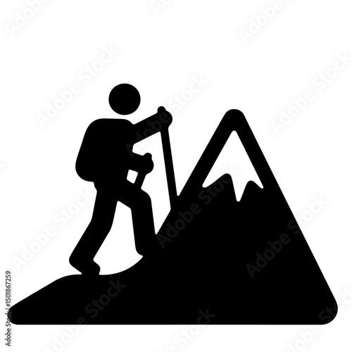 A person hiking up a mountain, illustrated in a simple black silhouette.
