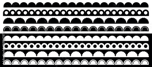 Set of Decorative Lace Border Designs. Scallop and Circle Cutwork Patterns in Black and White color.