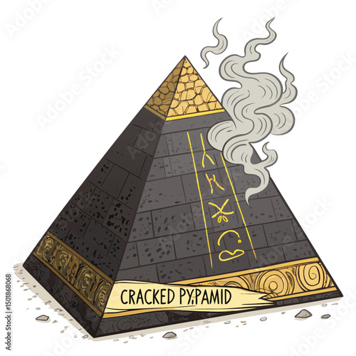 A crumbling pyramid, cracked and weathered, emits ethereal smoke; arcane symbols etched into its surface.