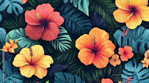Wallpaper Mural Tropical hibiscus flowers and lush leaves pattern. Torontodigital.ca