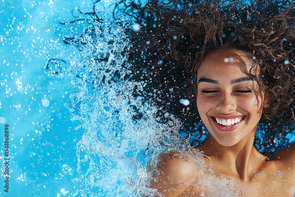 Smiling Woman with Eyes Closed and Curly Hair in Shoulder Water Splash - Sapphire Dew - Space for Text Smiling Woman with Eyes Closed and Curly Hair in Shoulder Water Splash - Sapphire Dew - Space for Text