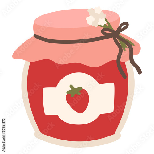 Jar of strawberry jam with a flower on it
