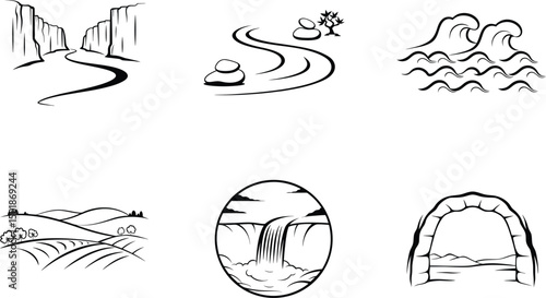 Line art illustrations of various landscapes featuring canyons,rivers,waves and waterfalls
