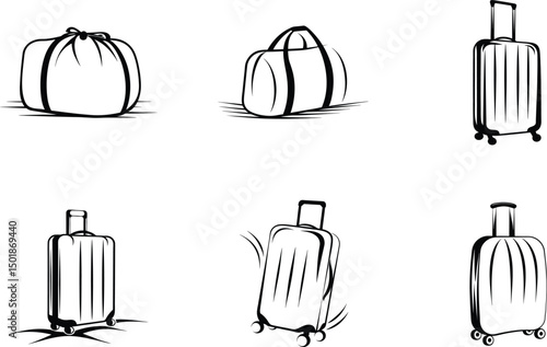 Black and white luggage icons suitcases bags duffel for travel graphic design