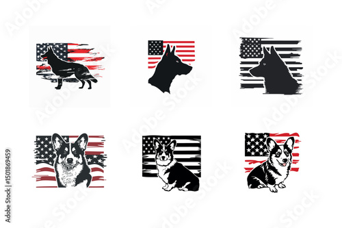 American flag dog breed silhouettes german shepherd and corgi