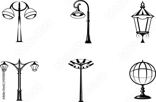 Variety of black and white streetlight icons and silhouettes for architecture