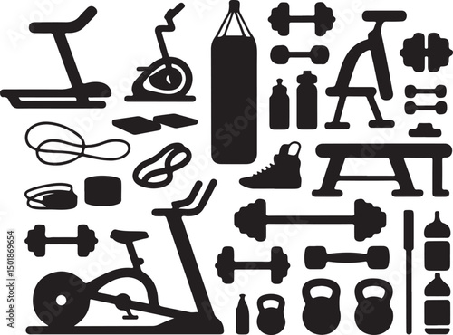 Black silhouette of various gym equipment including dumbbells, kettlebells, elliptical, and more, perfect for fitness and workout-themed designs.