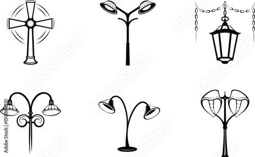 Collection of black and white vector illustrations of street lamps and celtic cross