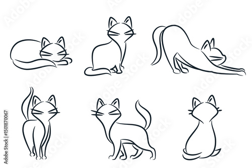 Abstract cat linear silhouette set. Pet icon logo sign emblem design template. Vector concept for pet shop or veterinary