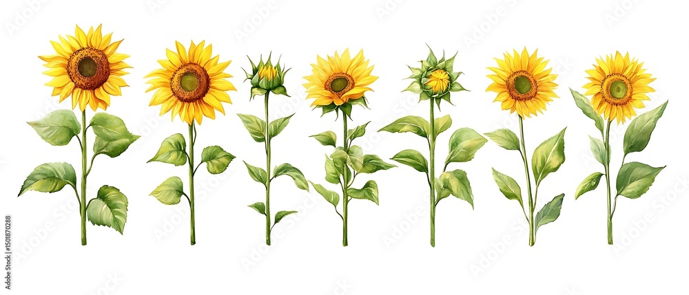 Fototapeta premium Sunflowers growth stages, white background, design